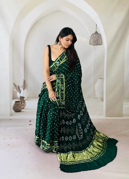 Modal Silk Authentic Kutchi Hand Bandhej Work Chex Border Silk Bandhani Saree Ethenika.com