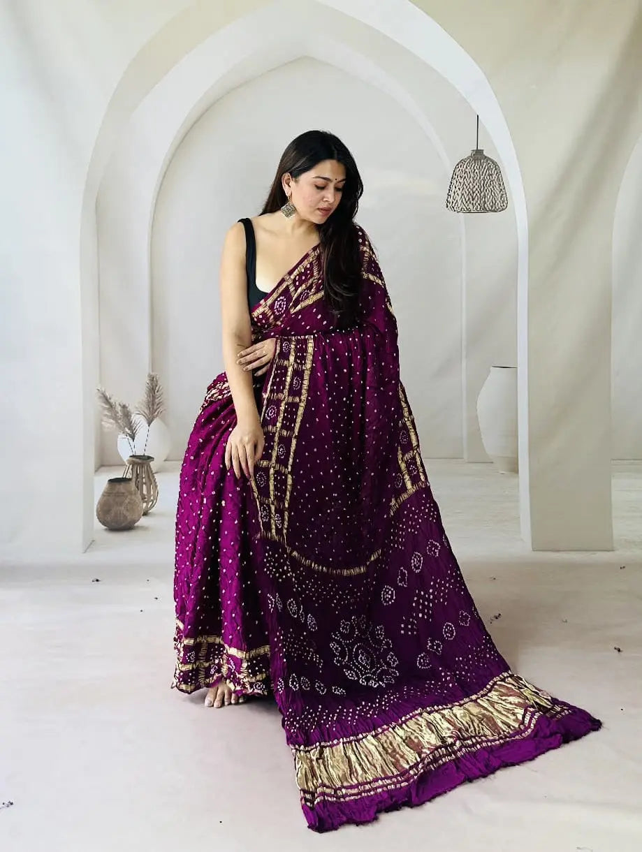 Modal Silk Authentic Kutchi Hand Bandhej Work Chex Border Silk Bandhani Saree Ethenika.com
