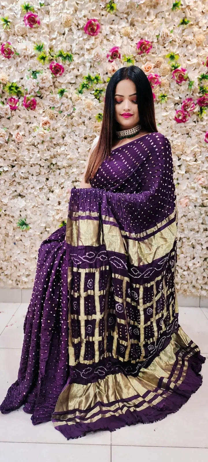 Modal Silk Gharchola Golden Chex work Jamnagar Bandhani Saree Ethenika.com