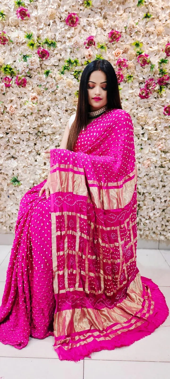 Modal Silk Gharchola Golden Chex work Jamnagar Bandhani Saree Ethenika.com