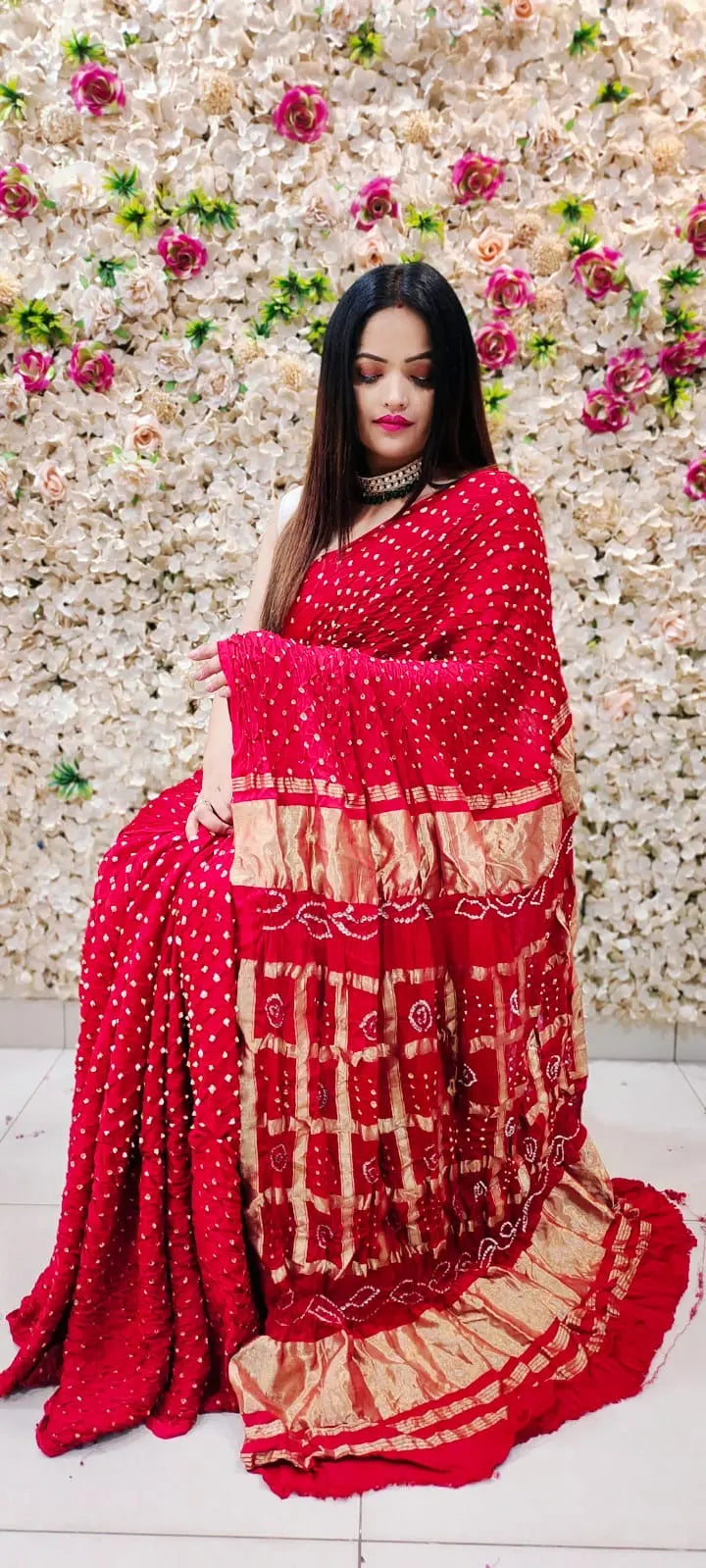 Modal Silk Gharchola Golden Chex work Jamnagar Bandhani Saree Ethenika.com