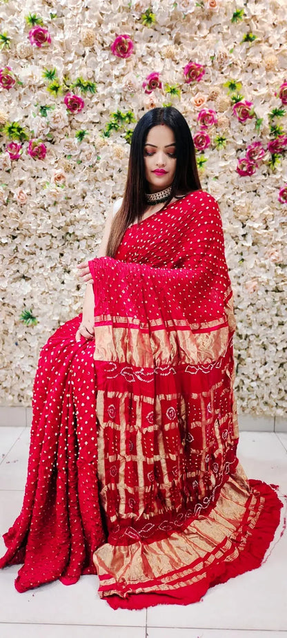 Modal Silk Gharchola Golden Chex work Jamnagar Bandhani Saree Ethenika.com