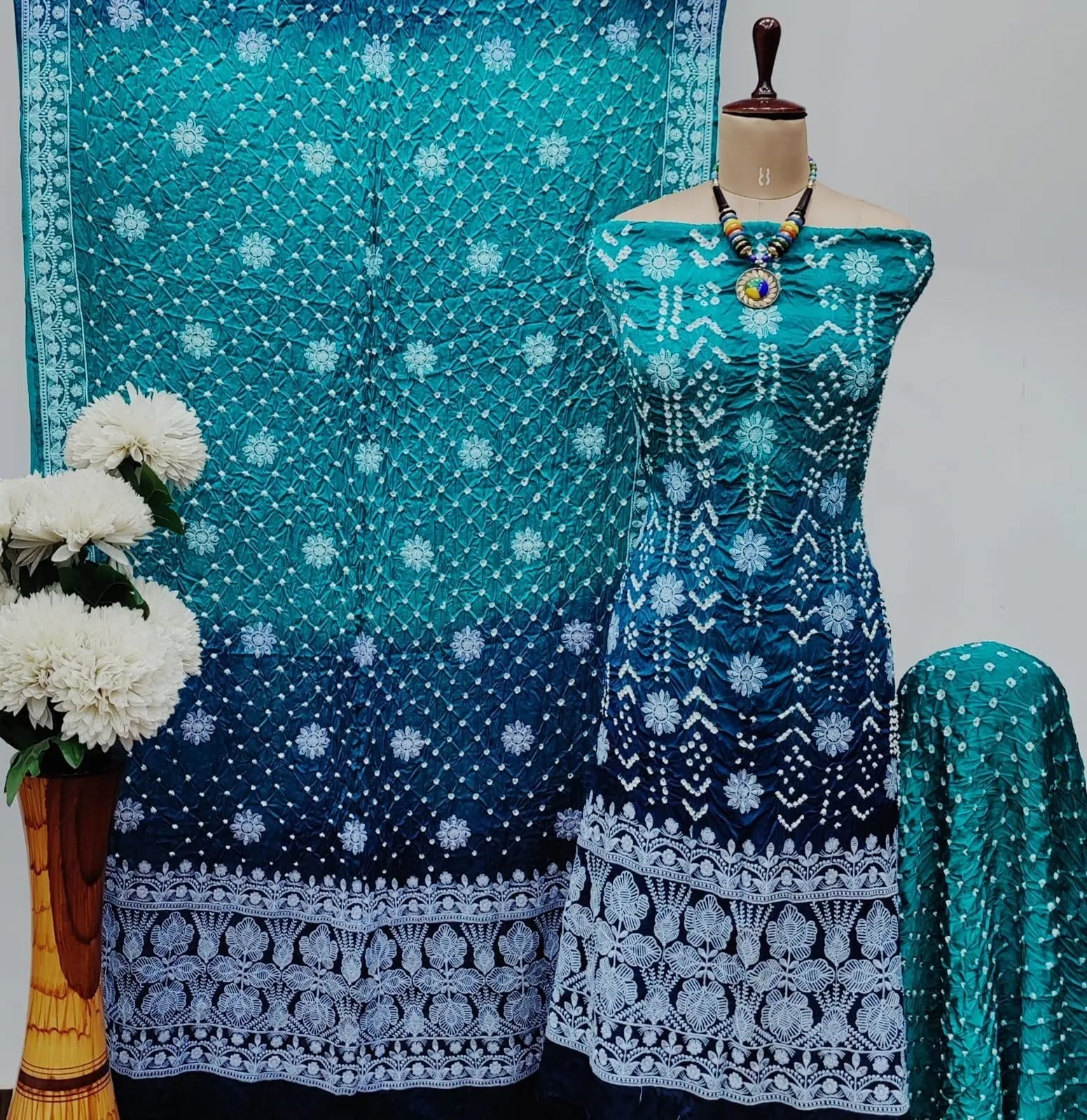 Modal Silk Lakhnavi Thread Work Bandhani Dress Material Ethenika.com