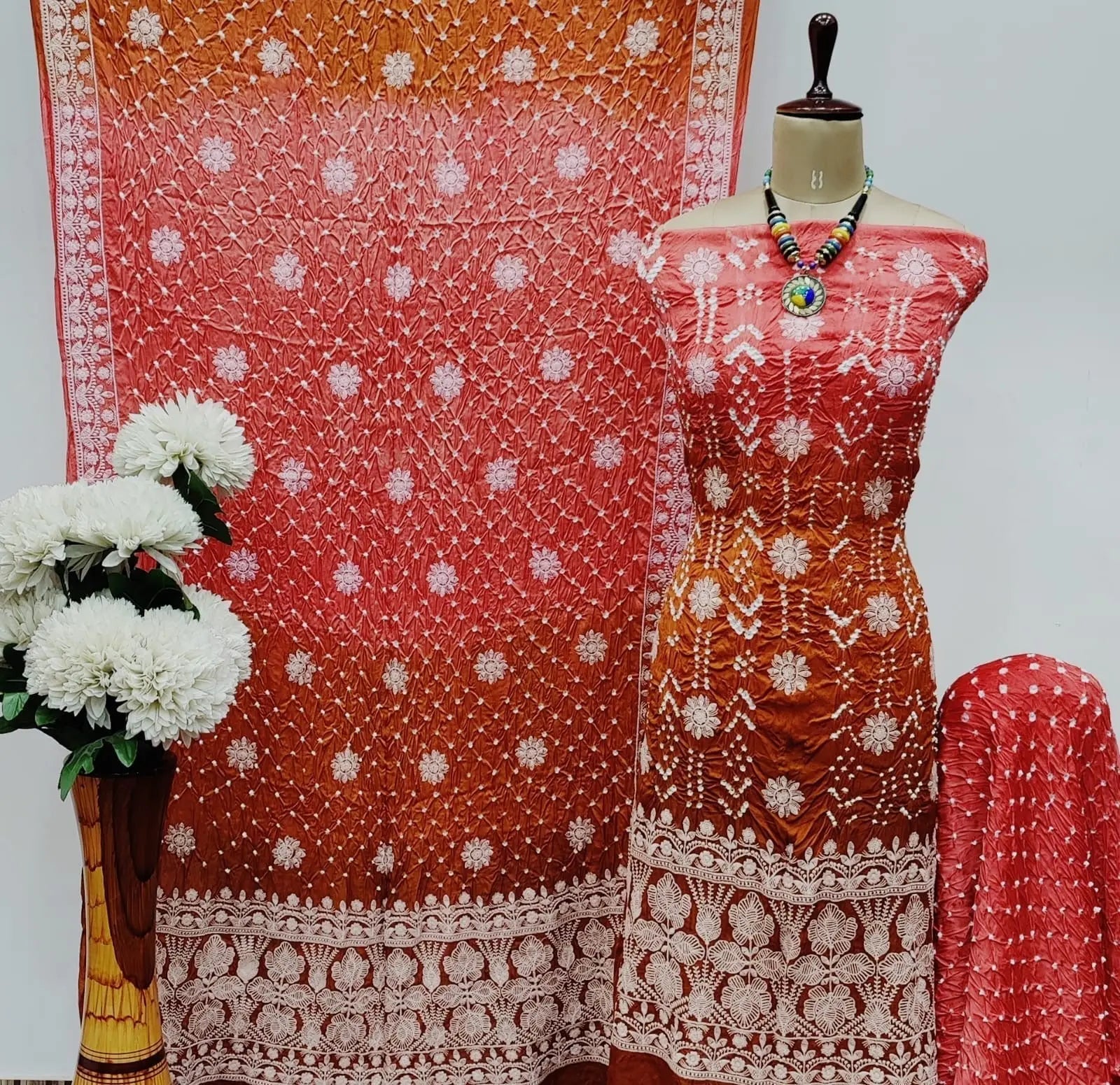 Modal Silk Lakhnavi Thread Work Bandhani Dress Material Ethenika.com