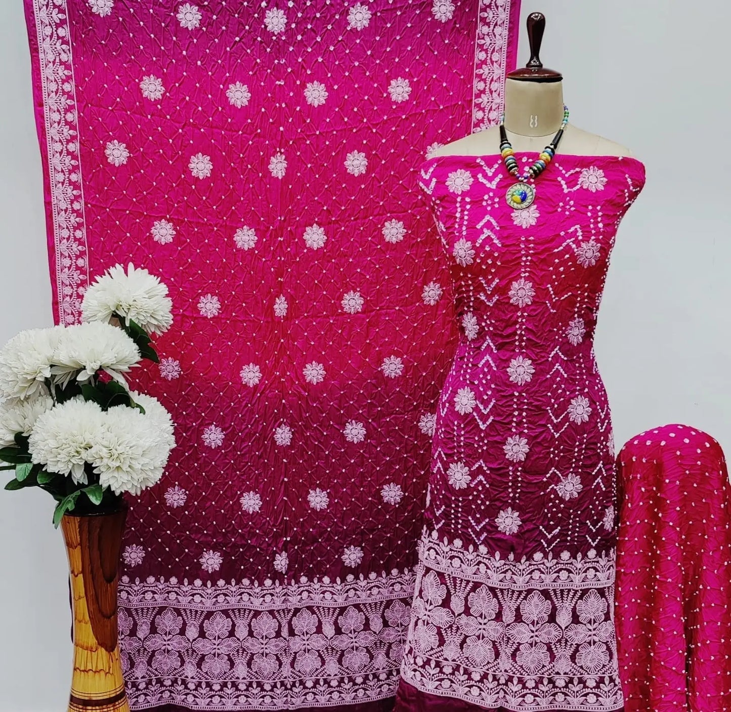 Modal Silk Lakhnavi Thread Work Bandhani Dress Material Ethenika.com