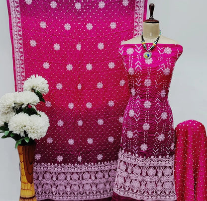 Modal Silk Lakhnavi Thread Work Bandhani Dress Material Ethenika.com