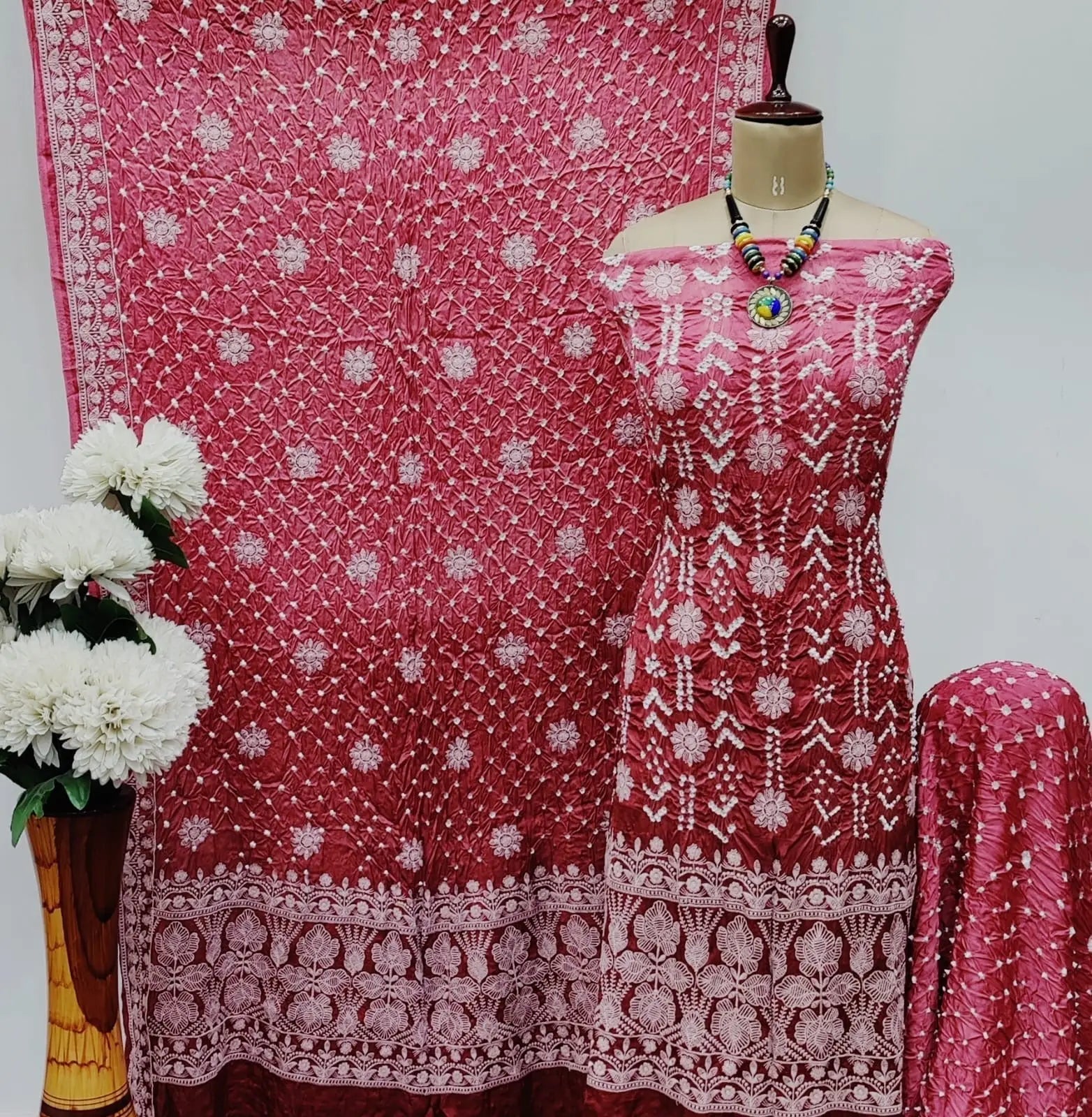 Modal Silk Lakhnavi Thread Work Bandhani Dress Material Ethenika.com