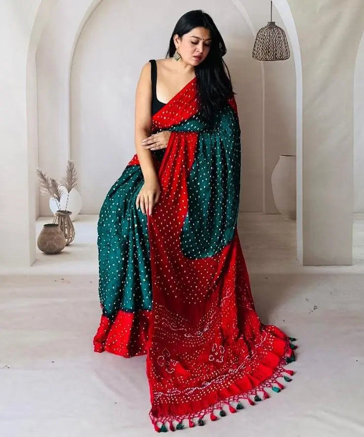 Modal Silk Multi Color Hand Crafted Jamnagar Silk Bandhani Saree Ethenika.com