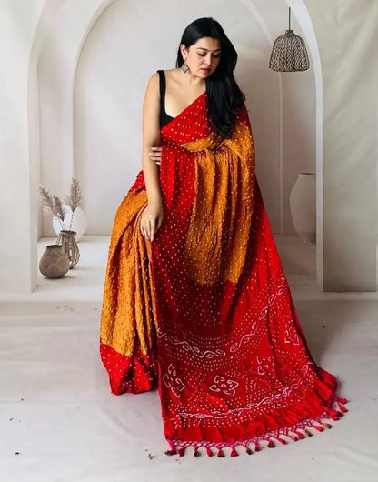 Modal Silk Multi Color Hand Crafted Jamnagar Silk Bandhani Saree Ethenika.com