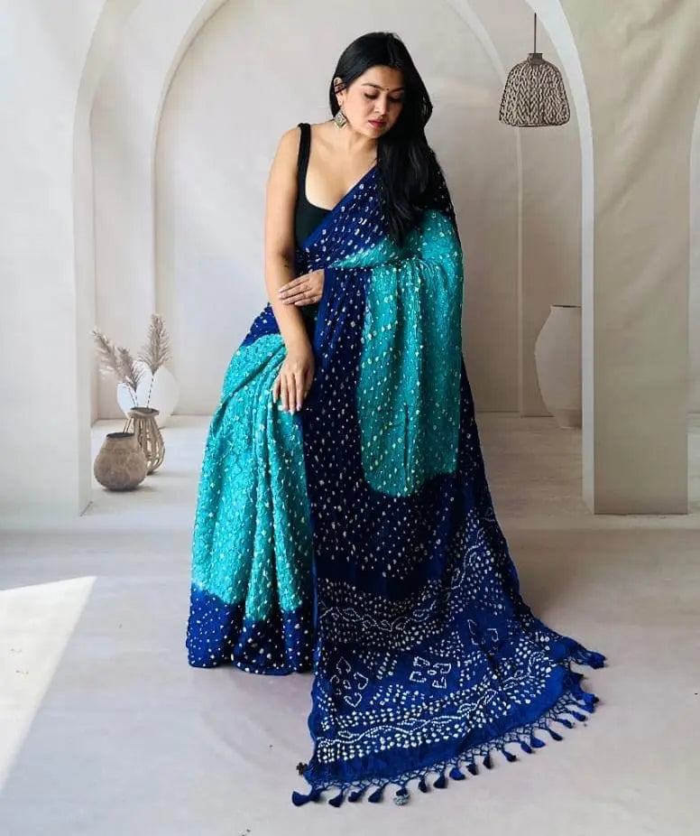 Modal Silk Multi Color Hand Crafted Jamnagar Silk Bandhani Saree Ethenika.com