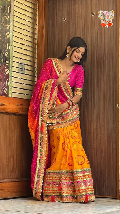 Moss Chiffone Mill Print Work Multicolor Bandhani Saree Ethenika.com