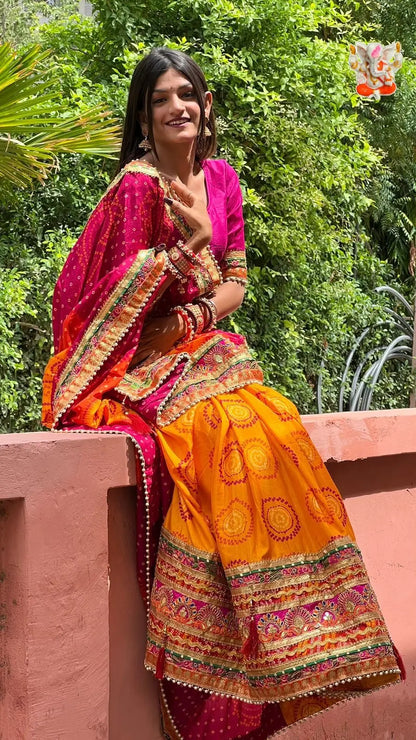 Moss Chiffone Mill Print Work Multicolor Bandhani Saree Ethenika.com