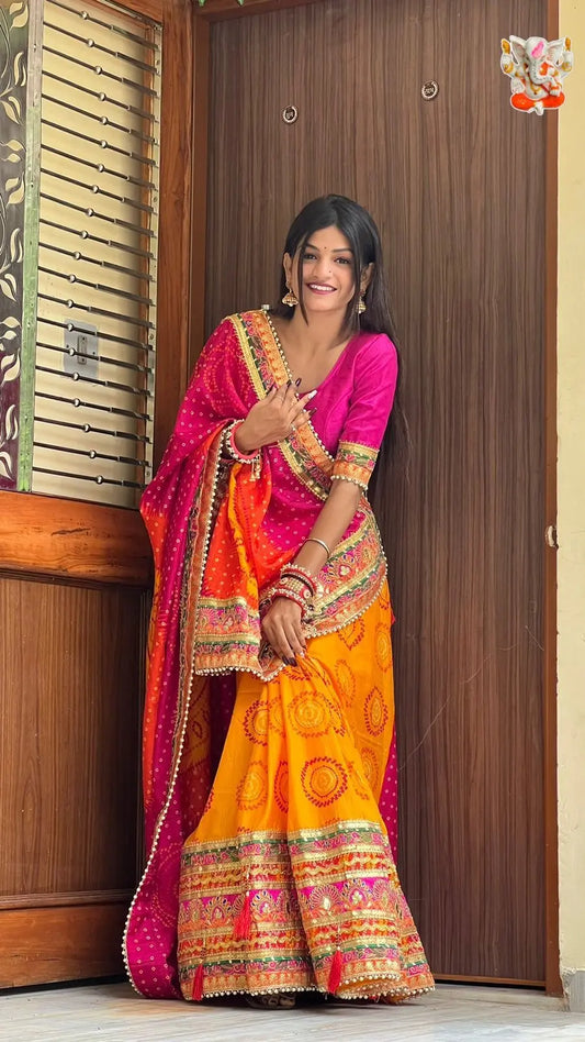 Moss Chiffone Mill Print Work Multicolor Bandhani Saree Ethenika.com