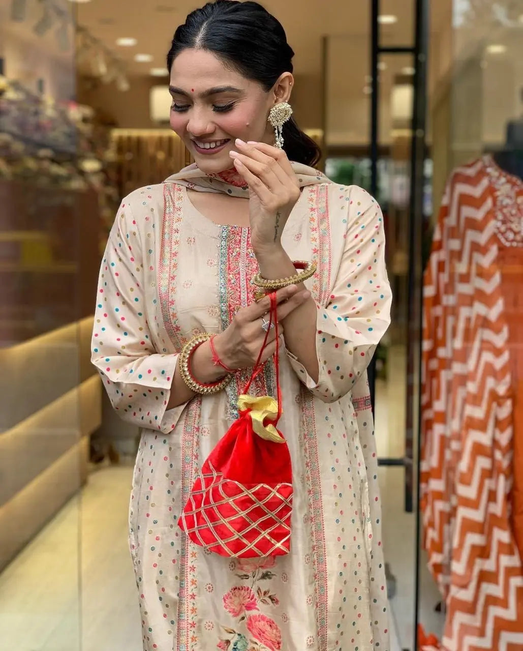 Multicolor Polkadot with Digital Print work Ready to Wear 3 Pc Kurti Pant Dupatta Set (Stitched) Ethenika.com