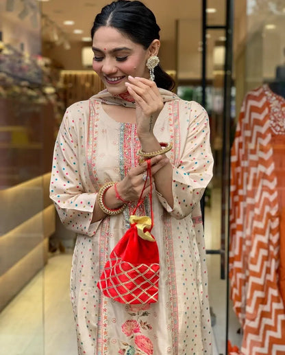 Multicolor Polkadot with Digital Print work Ready to Wear 3 Pc Kurti Pant Dupatta Set (Stitched) Ethenika.com