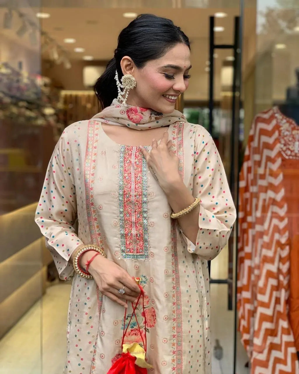 Multicolor Polkadot with Digital Print work Ready to Wear 3 Pc Kurti Pant Dupatta Set (Stitched) Ethenika.com