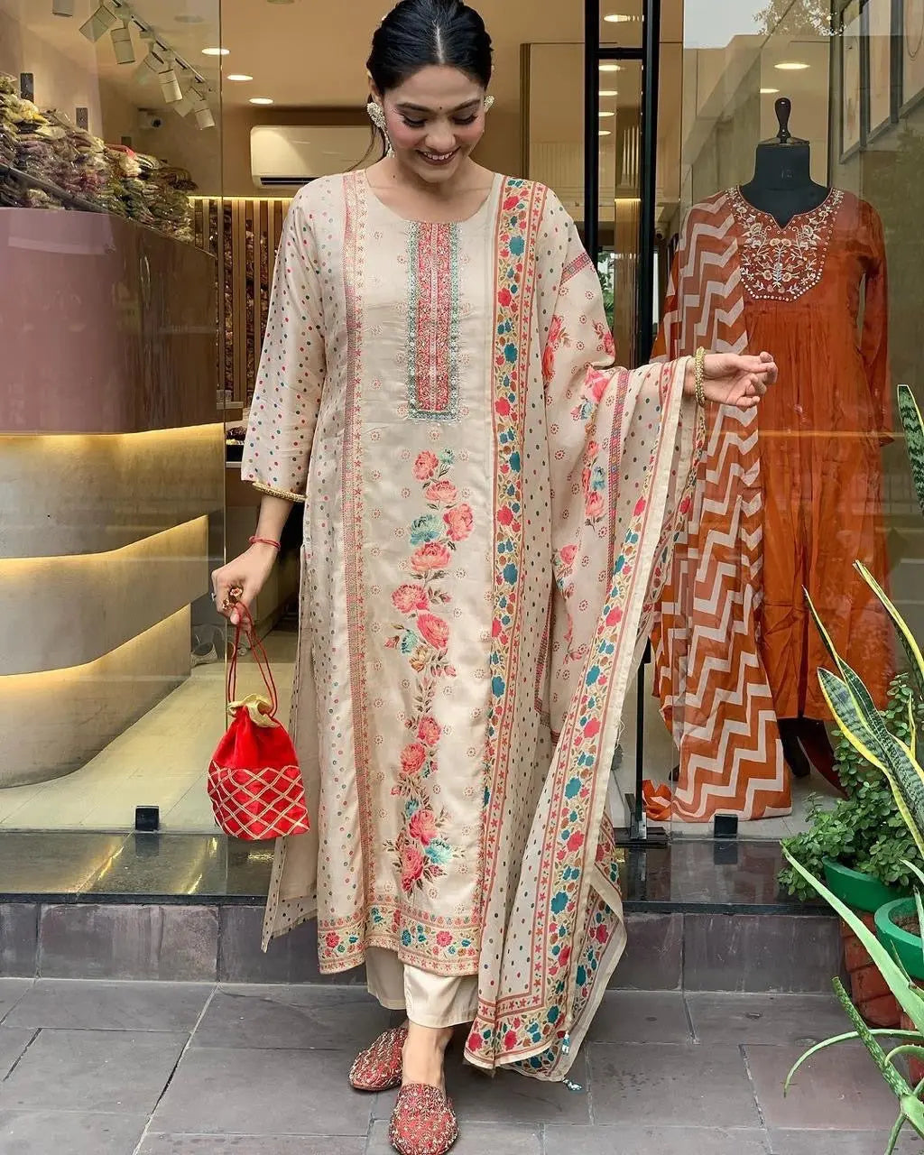 Multicolor Polkadot with Digital Print work Ready to Wear 3 Pc Kurti Pant Dupatta Set (Stitched) Ethenika.com