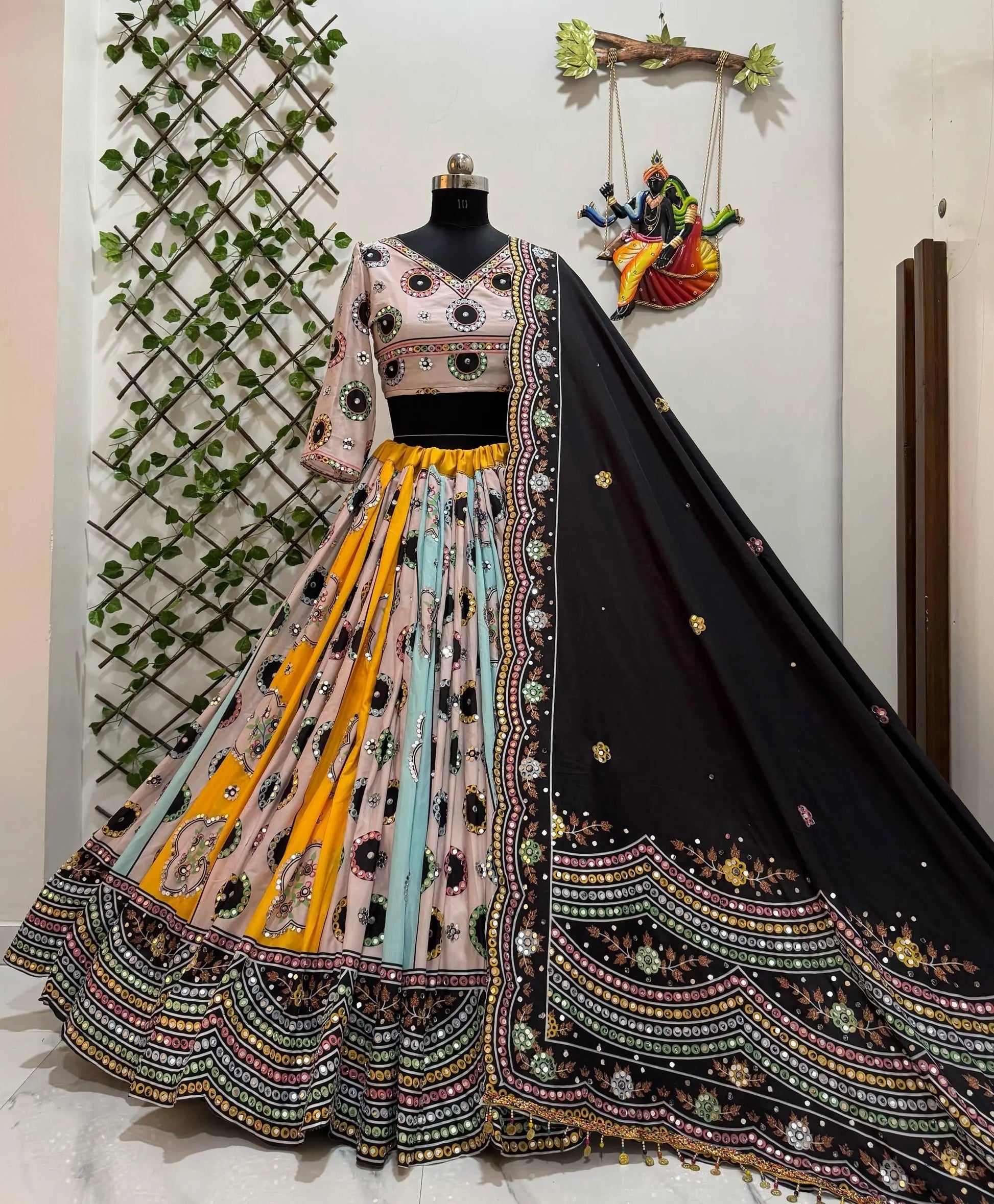 Muslin Cotton Digital Print with Mirror Work Black Concept Designer Chaniya Choli for Navratri Ethenika.com