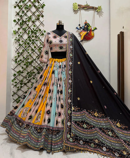 Muslin Cotton Digital Print with Mirror Work Black Concept Designer Chaniya Choli for Navratri Ethenika.com