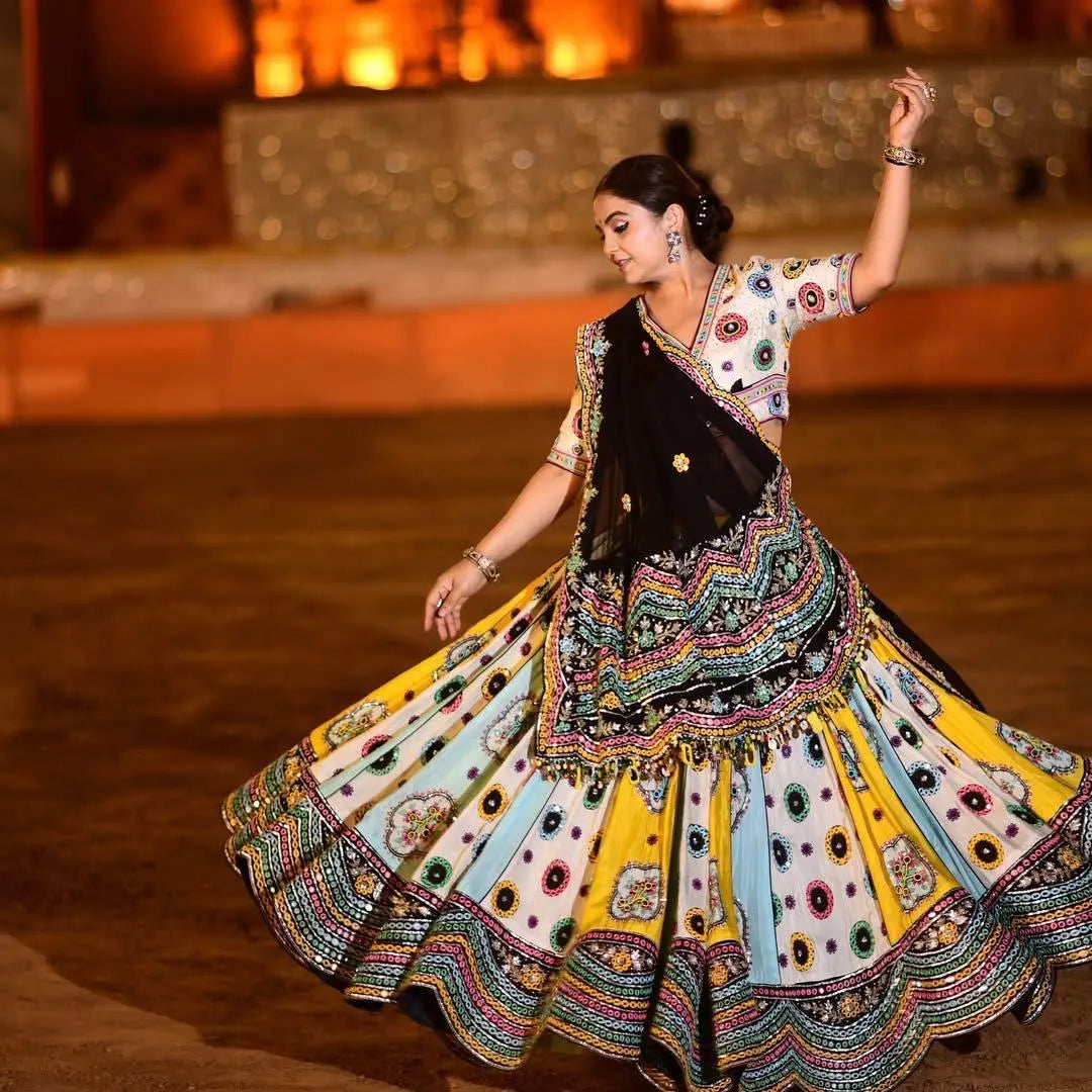 Muslin Cotton Digital Print with Mirror Work Black Concept Designer Chaniya Choli for Navratri Ethenika.com
