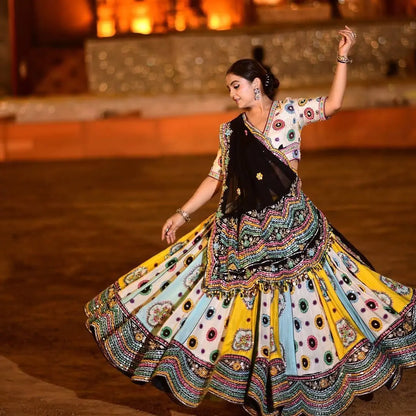 Muslin Cotton Digital Print with Mirror Work Black Concept Designer Chaniya Choli for Navratri Ethenika.com