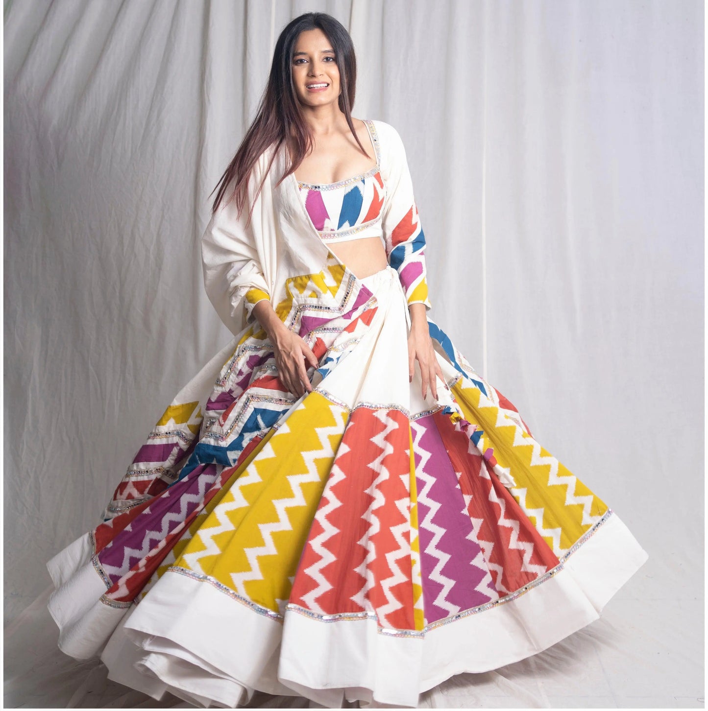 Muslin Cotton Mirror Work White Concept Multicolor Navratri Special Chaniya Choli Ethenika.com