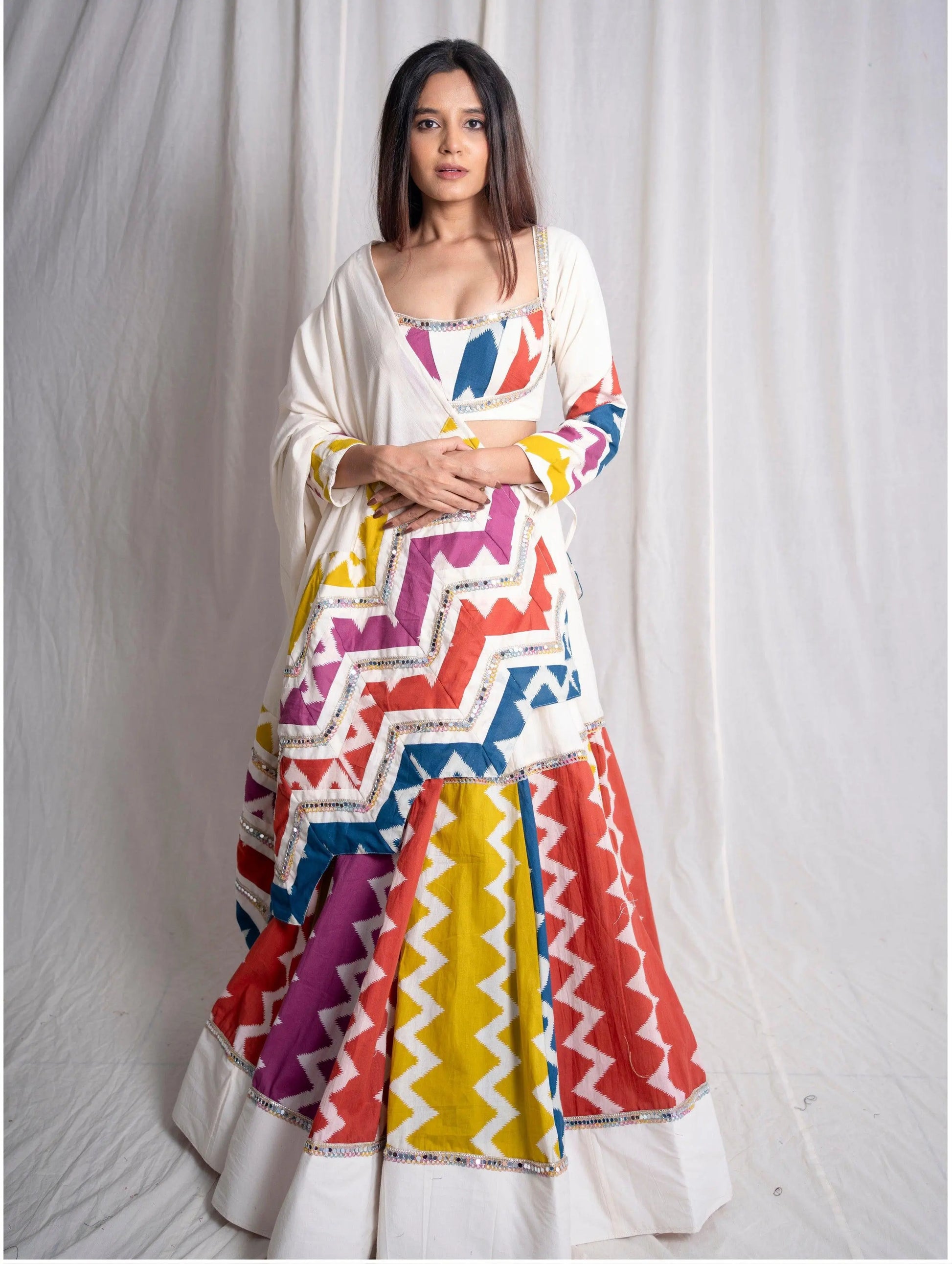 Muslin Cotton Mirror Work White Concept Multicolor Navratri Special Chaniya Choli Ethenika.com