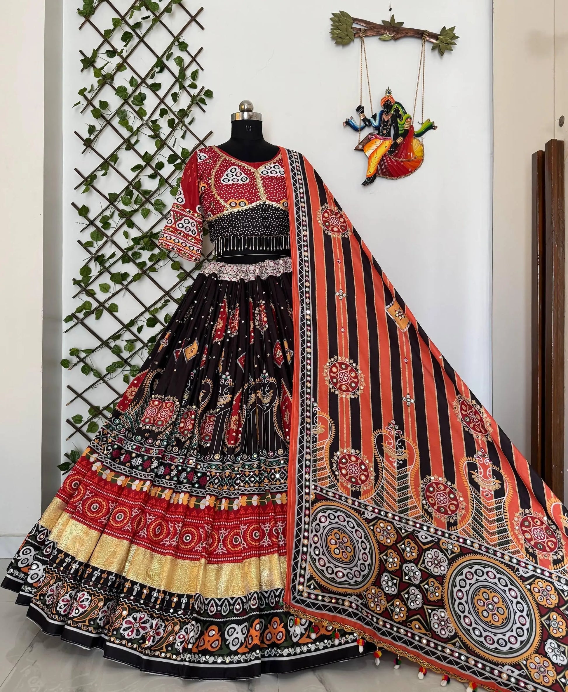 Muslin Digital Print Mirror Work Designer Navratri Garba Chaniya Choli Ethenika.com