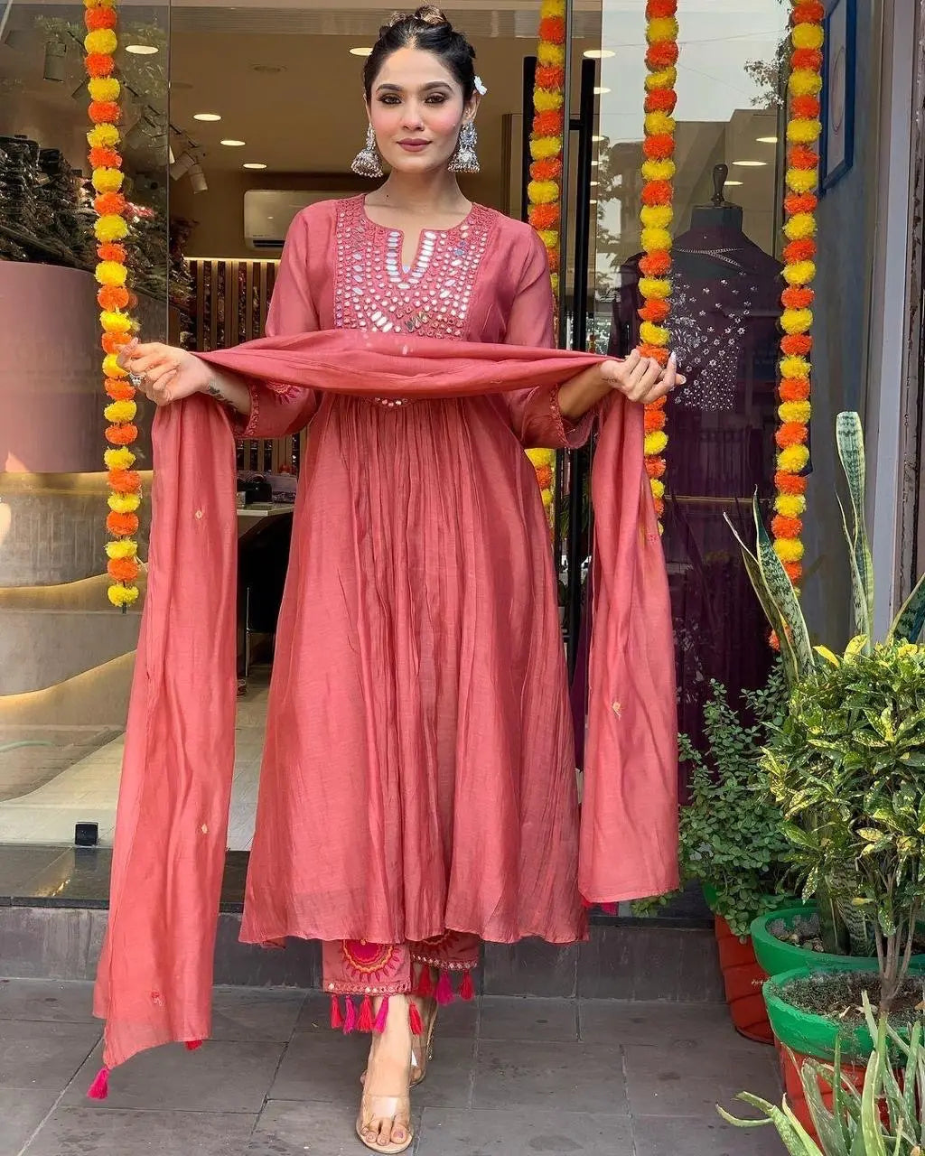 Muslin Summer Special Mirror work Kurti Pant Dupatta Set (Stitched) Ethenika.com