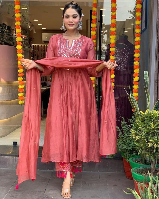 Muslin Summer Special Mirror work Kurti Pant Dupatta Set (Stitched) Ethenika.com