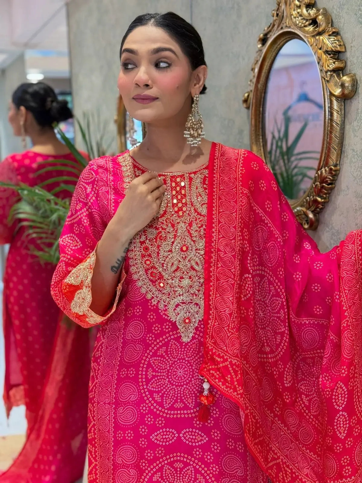 Natural Crepe Sequence Embroidery Mirror Work Designer Kurti Pant Dupatta Set (Ready to Wear) Ethenika.com