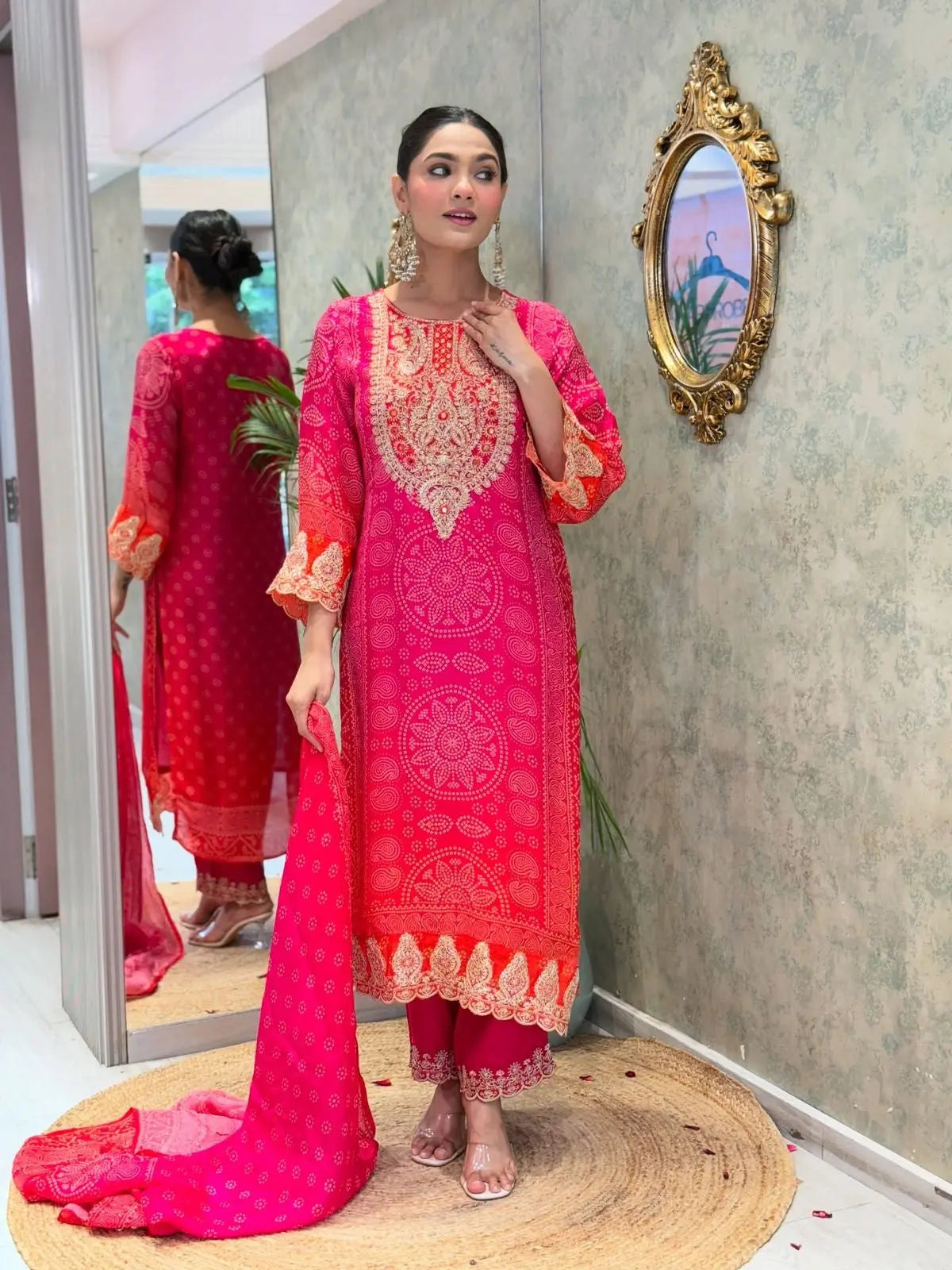 Natural Crepe Sequence Embroidery Mirror Work Designer Kurti Pant Dupatta Set (Ready to Wear) Ethenika.com