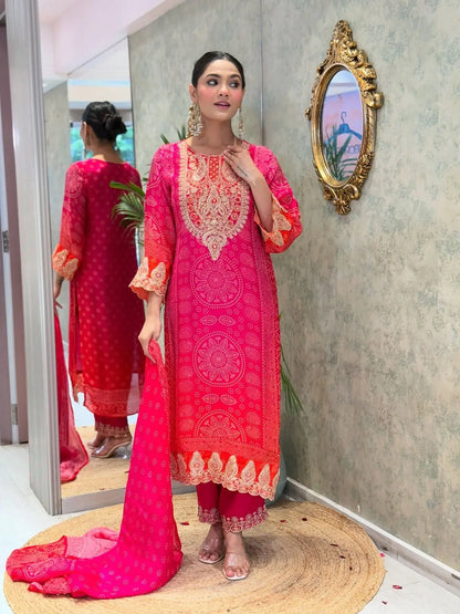 Natural Crepe Sequence Embroidery Mirror Work Designer Kurti Pant Dupatta Set (Ready to Wear) Ethenika.com