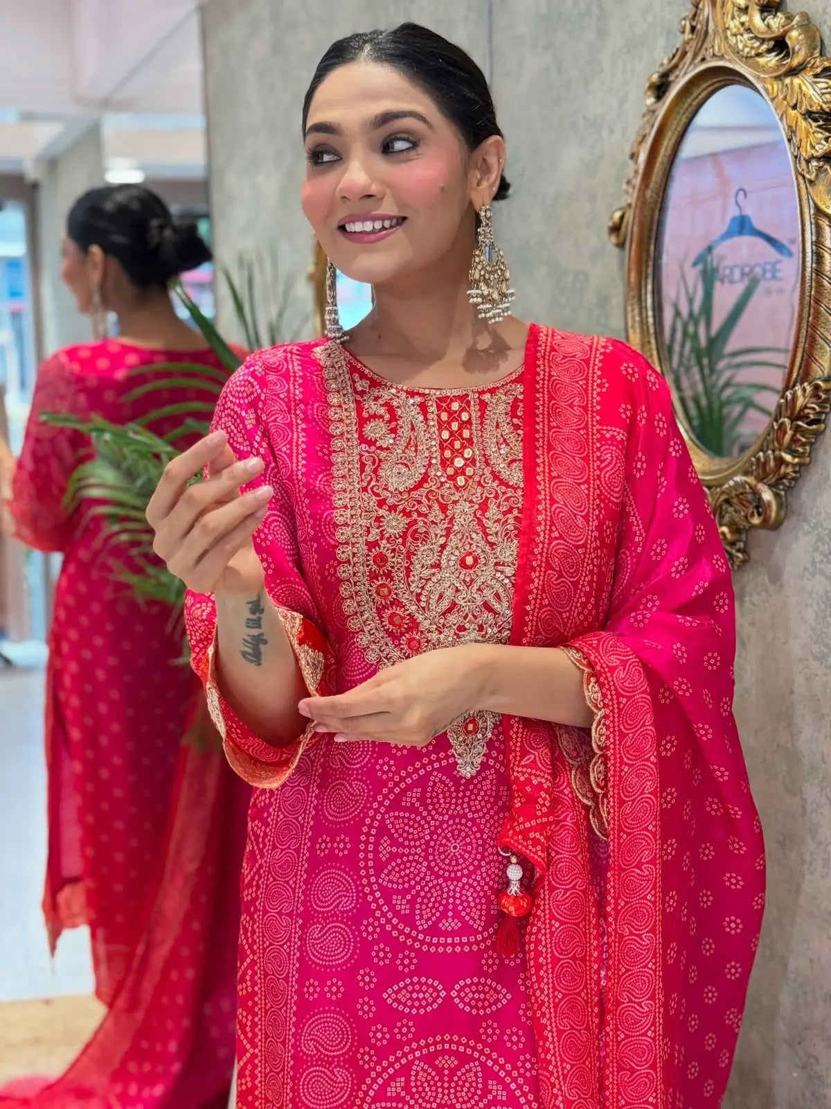 Natural Crepe Sequence Embroidery Mirror Work Designer Kurti Pant Dupatta Set (Ready to Wear) Ethenika.com