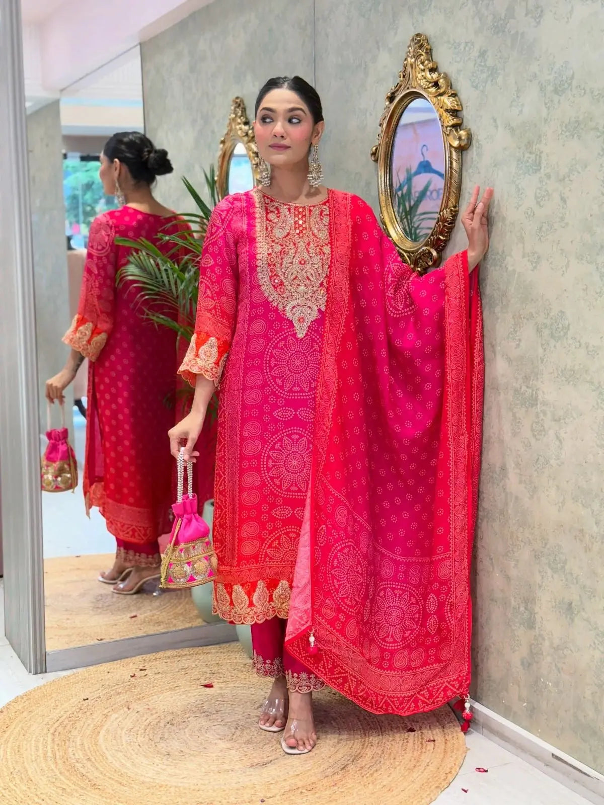 Natural Crepe Sequence Embroidery Mirror Work Designer Kurti Pant Dupatta Set (Ready to Wear) Ethenika.com