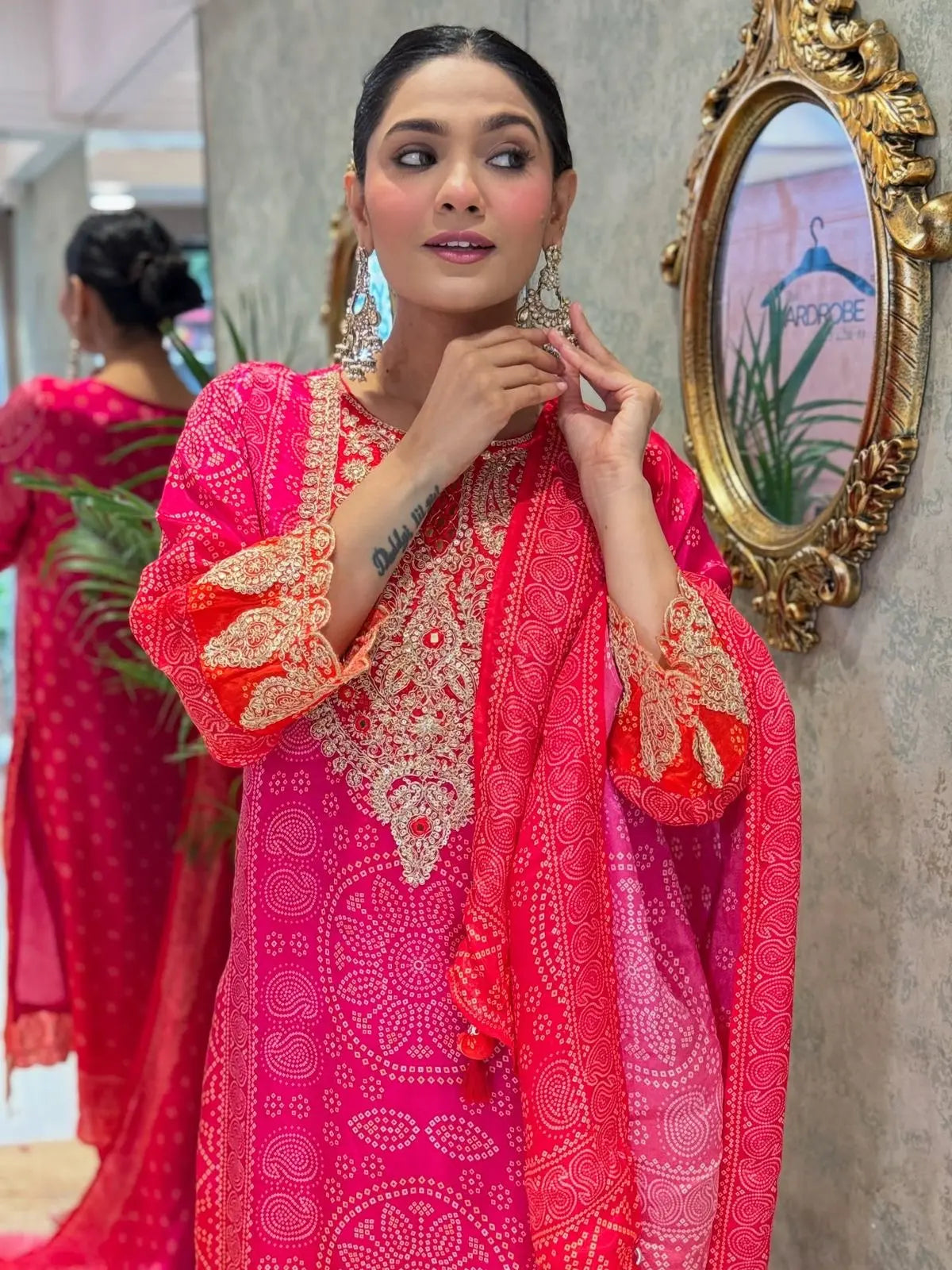 Natural Crepe Sequence Embroidery Mirror Work Designer Kurti Pant Dupatta Set (Ready to Wear) Ethenika.com