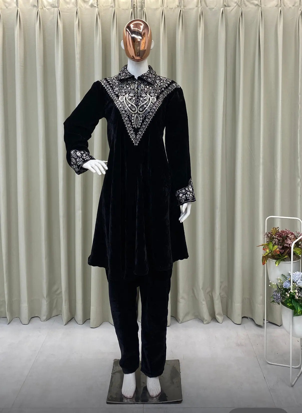 Neck Sequence Embroidery Work with Collar Velvet Cord Set Ethenika.com
