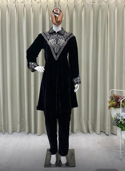 Neck Sequence Embroidery Work with Collar Velvet Cord Set Ethenika.com