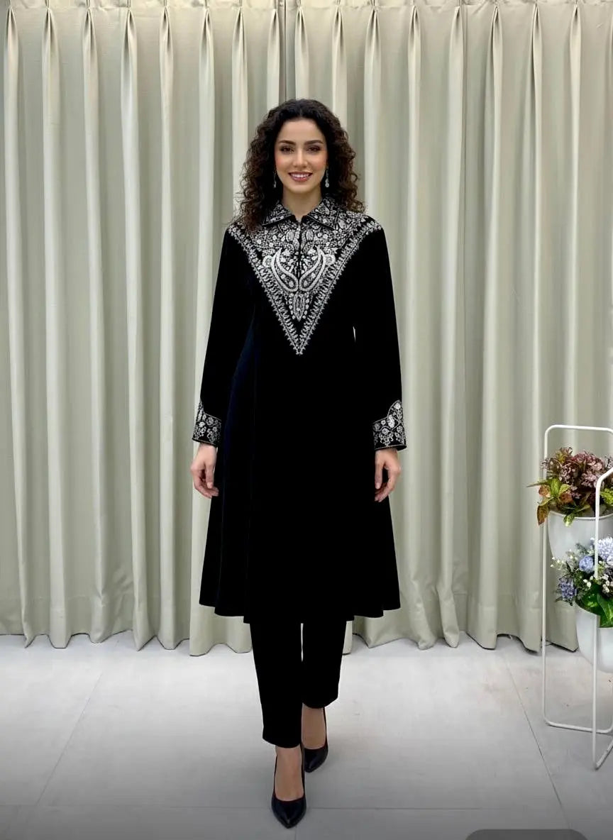Neck Sequence Embroidery Work with Collar Velvet Cord Set Ethenika.com