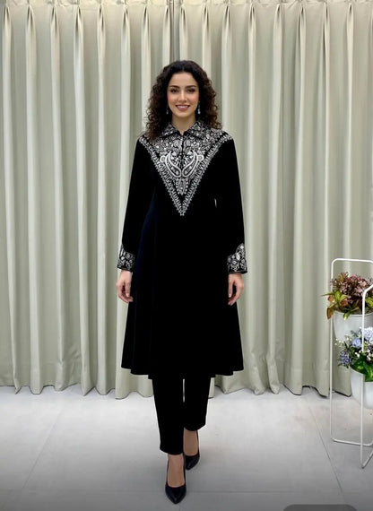 Neck Sequence Embroidery Work with Collar Velvet Cord Set Ethenika.com