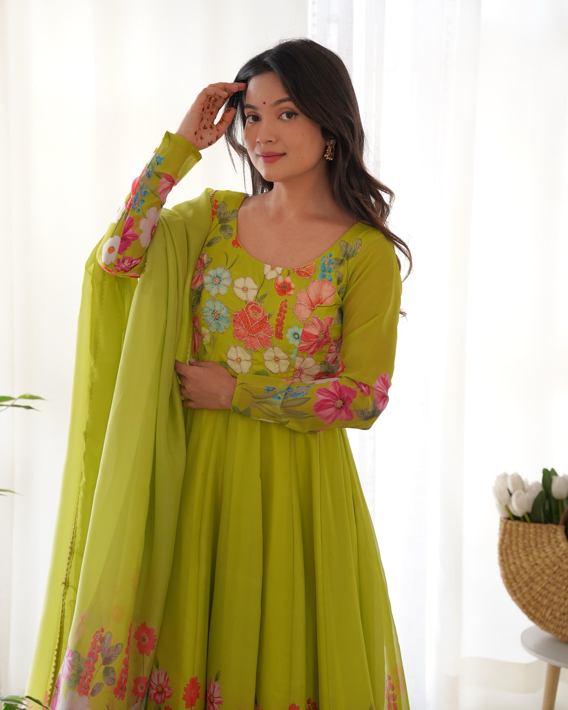Organza Silk Hand Work Anarkali Kurti Dupatta Pant Set ( Ready to Wear) - Premium  from Ethenika.com  - Just INR 2990! Shop now at Ethenika.com 
