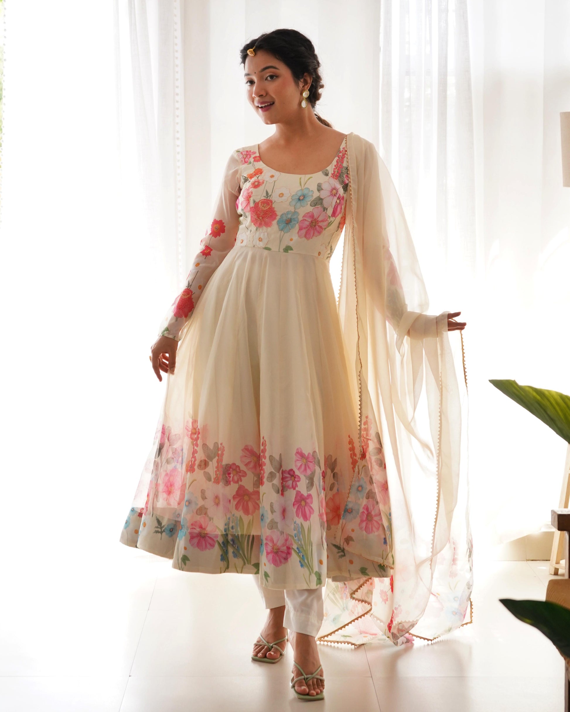 Organza Silk Hand Work Anarkali Kurti Dupatta Pant Set ( Ready to Wear) - Premium  from Ethenika.com  - Just INR 2990! Shop now at Ethenika.com 