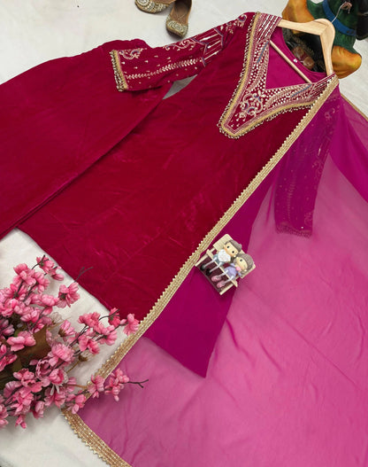 Premium Multi Color Embroidery Work Designer Velvet Kurti Pant Dupatta Set (Ready to Wear) Ethenika.com