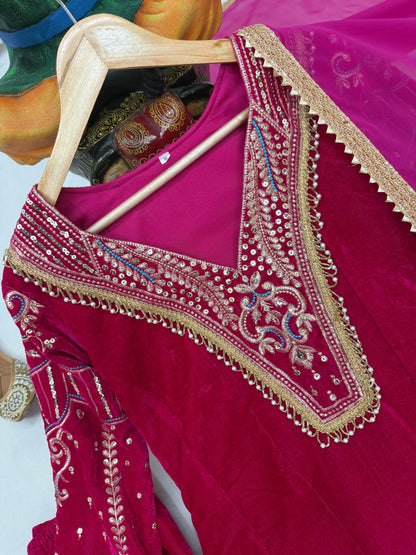 Premium Multi Color Embroidery Work Designer Velvet Kurti Pant Dupatta Set (Ready to Wear) Ethenika.com