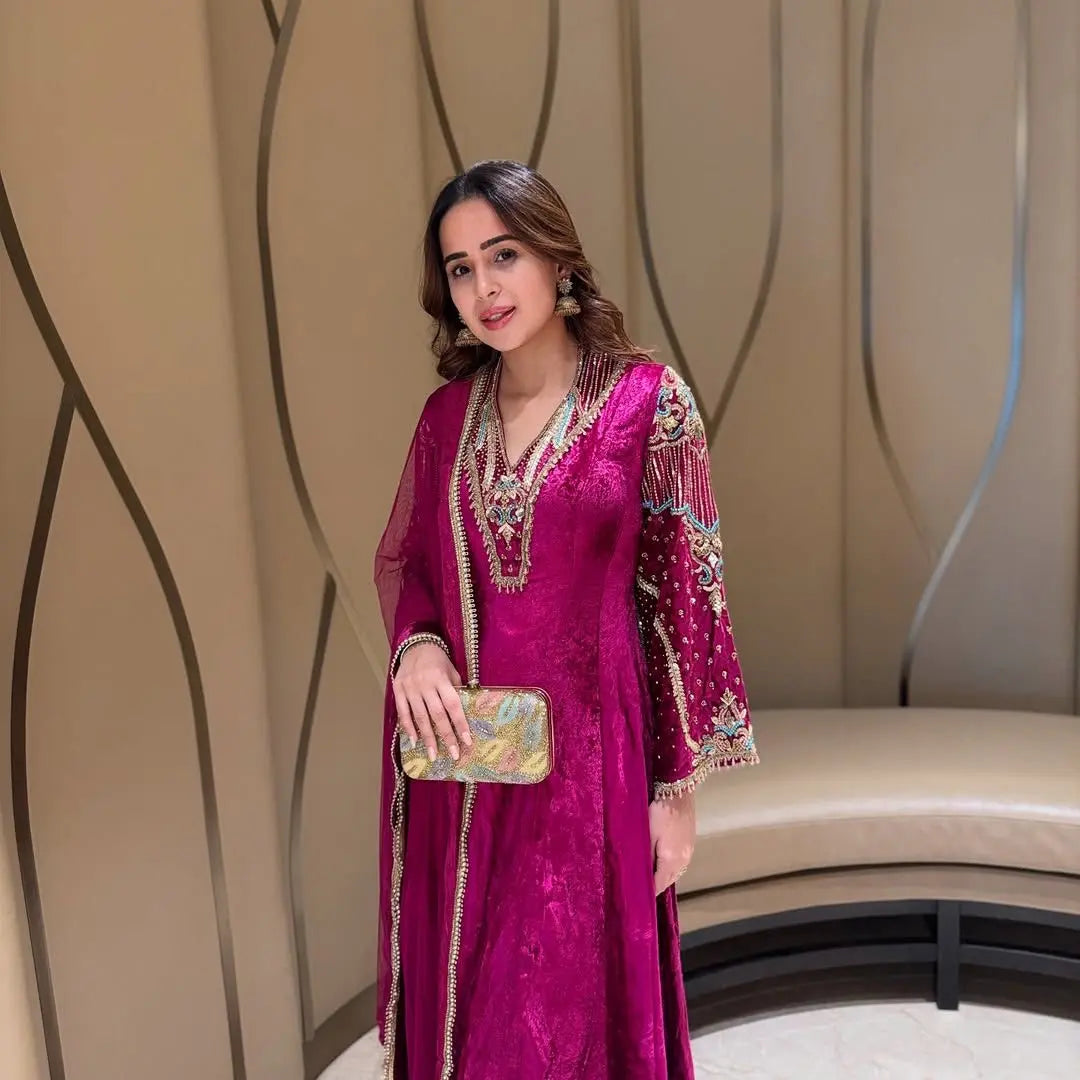 Premium Multi Color Embroidery Work Designer Velvet Kurti Pant Dupatta Set (Ready to Wear) Ethenika.com