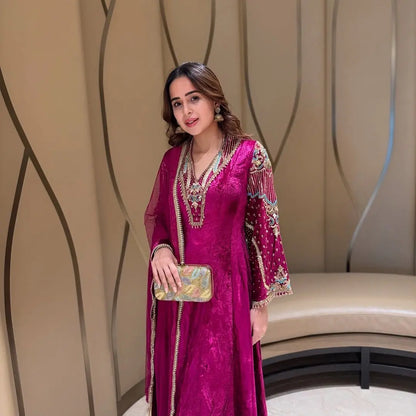 Premium Multi Color Embroidery Work Designer Velvet Kurti Pant Dupatta Set (Ready to Wear) Ethenika.com