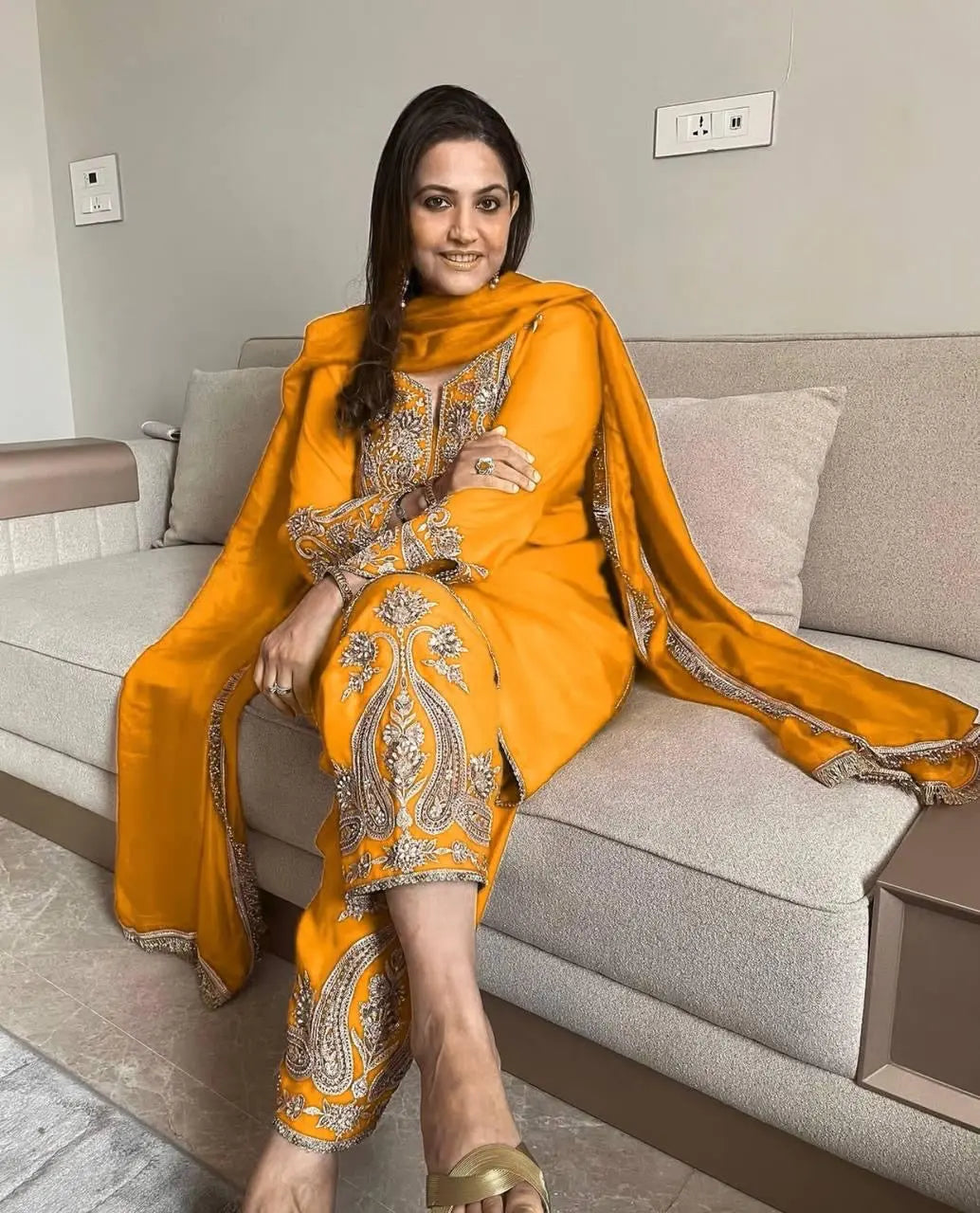 Pure Chinon Silk Sequence Silver Embroidery work Party Wear Kurti Pant Dupatta Set (Stitched) Ethenika.com