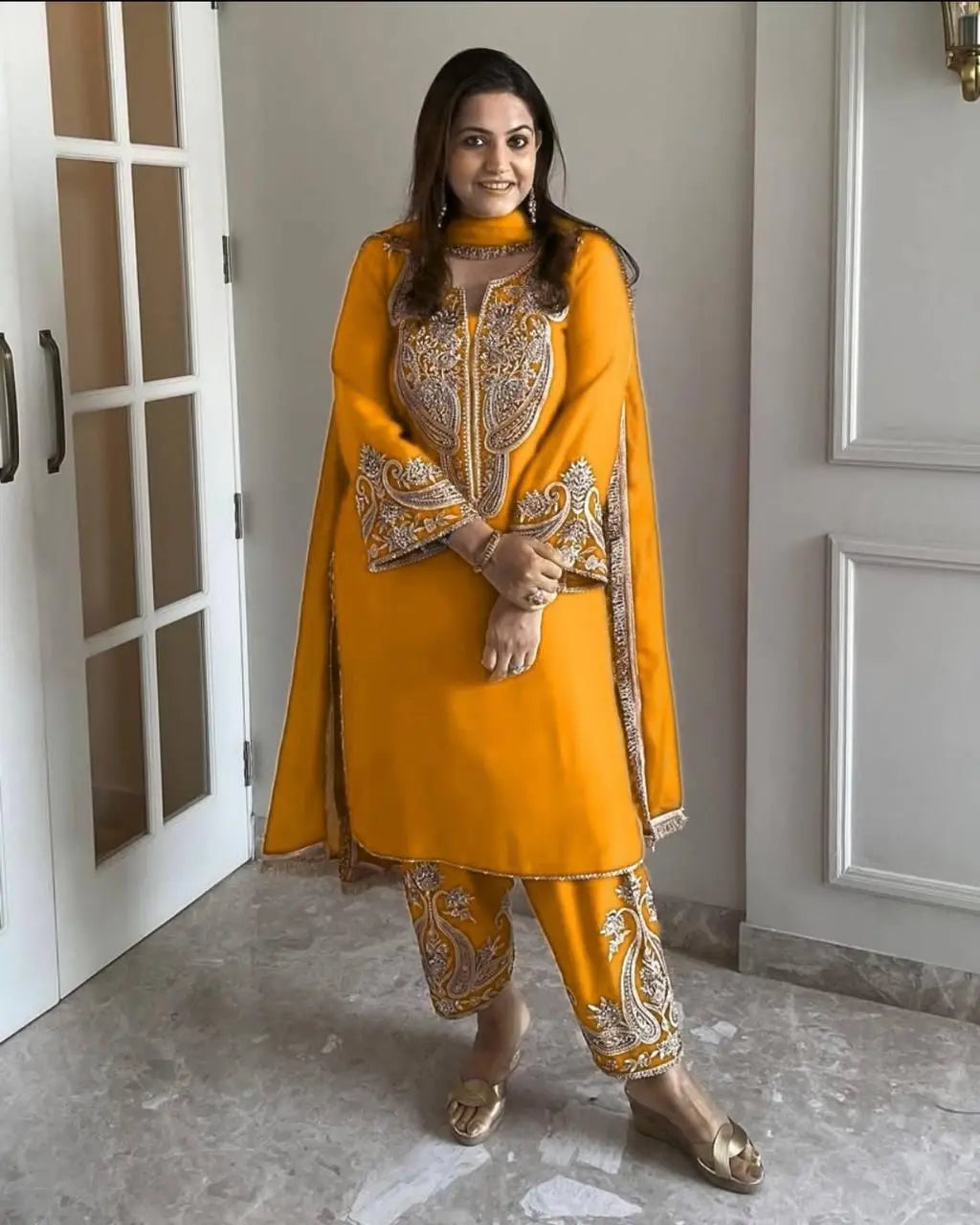 Pure Chinon Silk Sequence Silver Embroidery work Party Wear Kurti Pant Dupatta Set (Stitched) Ethenika.com