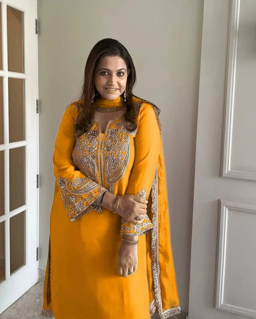 Pure Chinon Silk Sequence Silver Embroidery work Party Wear Kurti Pant Dupatta Set (Stitched) Ethenika.com