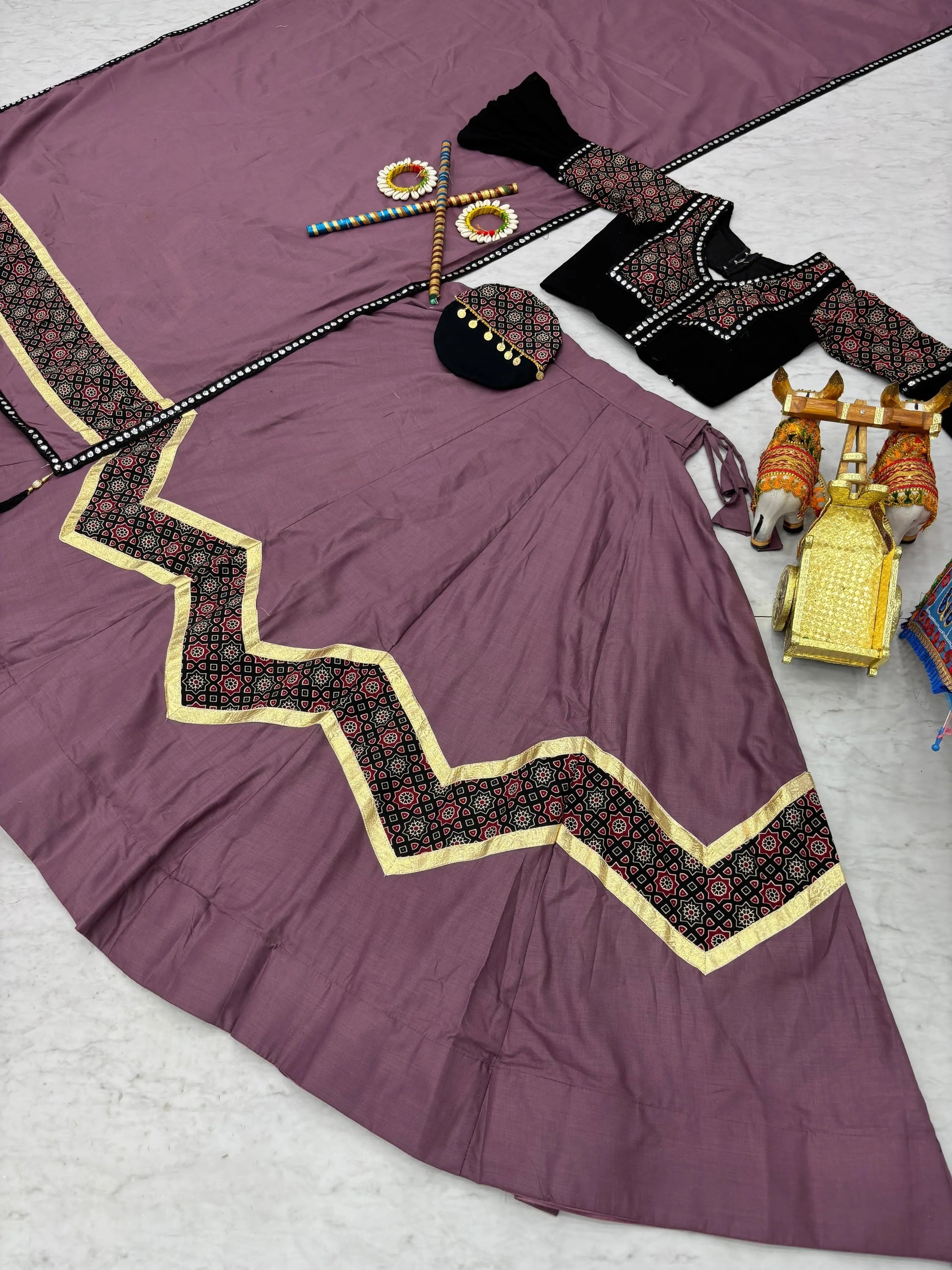Pure Cotton Ajrakh Print with Mirror work Navratri Special Chaniya Choli (Ready to Wear) Ethenika.com